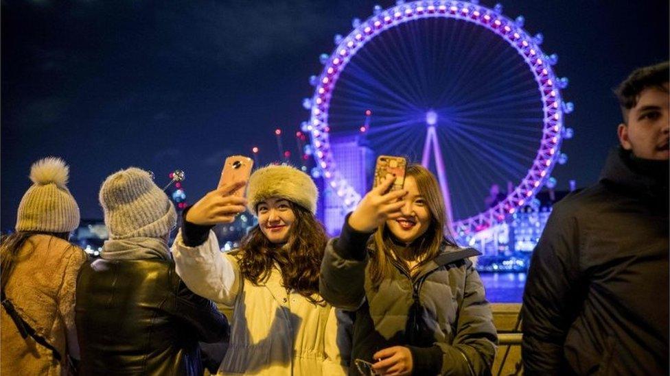 Women taking selfies in front of London Eye