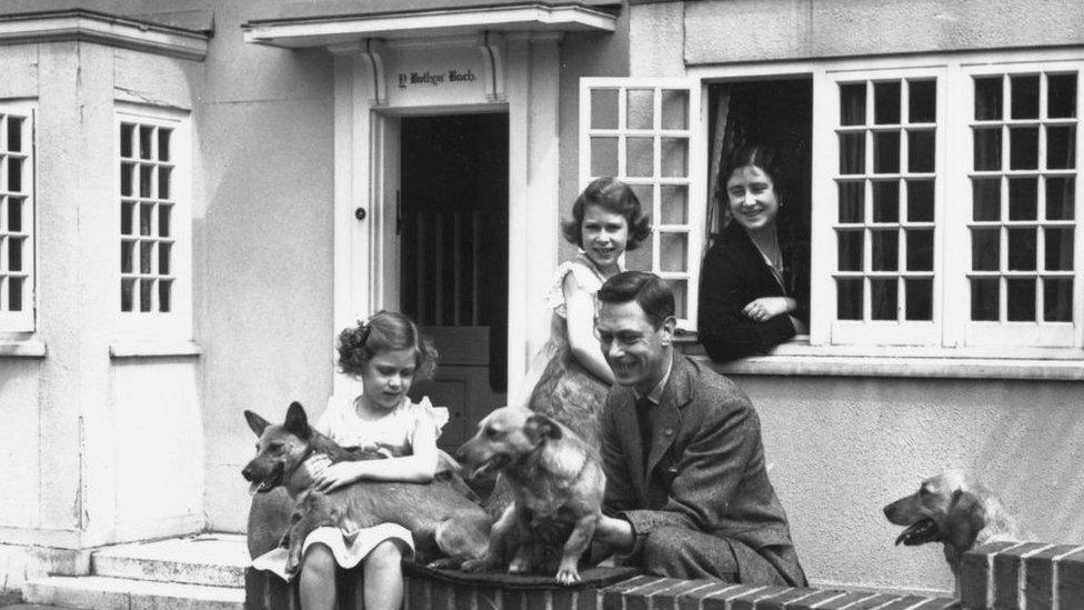 Princess Elizabeth with her sister and parents outside Y Bwthyn Bach at Windsor Castle