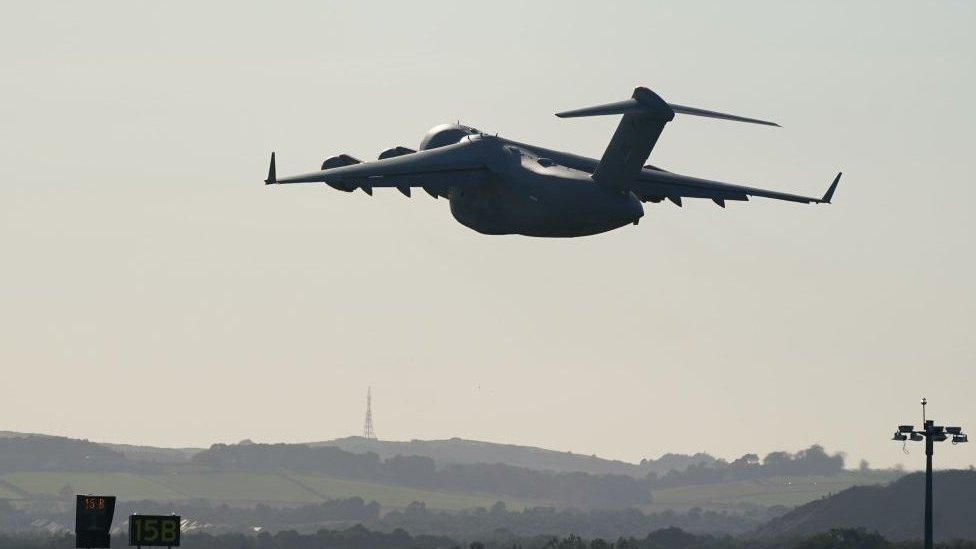 RAF C17 plane taking off over Edinburgh