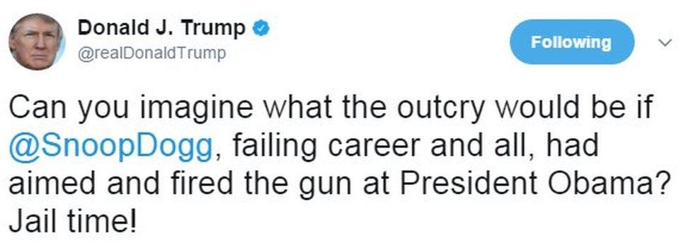 Tweet from Donald Trump reads: Can you imagine what the outcry would be if @SnoopDogg, failing career and all, had aimed and fired the gun at President Obama? Jail time!