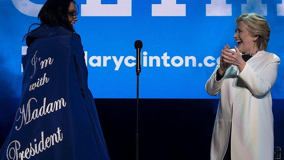 Katy Perry and Hillary Clinton take the stage at a concert in Philadelphia.