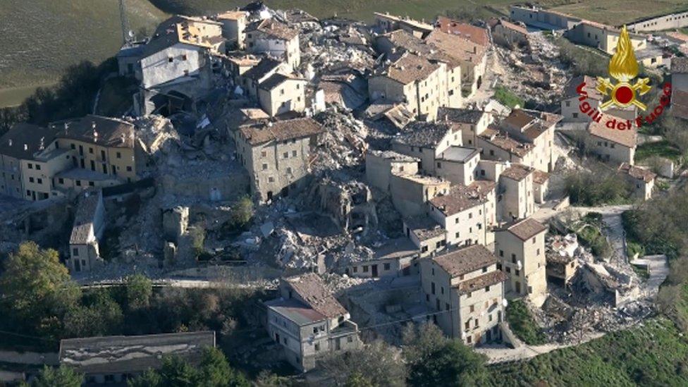 A still image grabbed from a video released by the Italian Fire Department (Viglio del Fuoco) on 31 October shows an aerial view of Castelluccio di Norcia