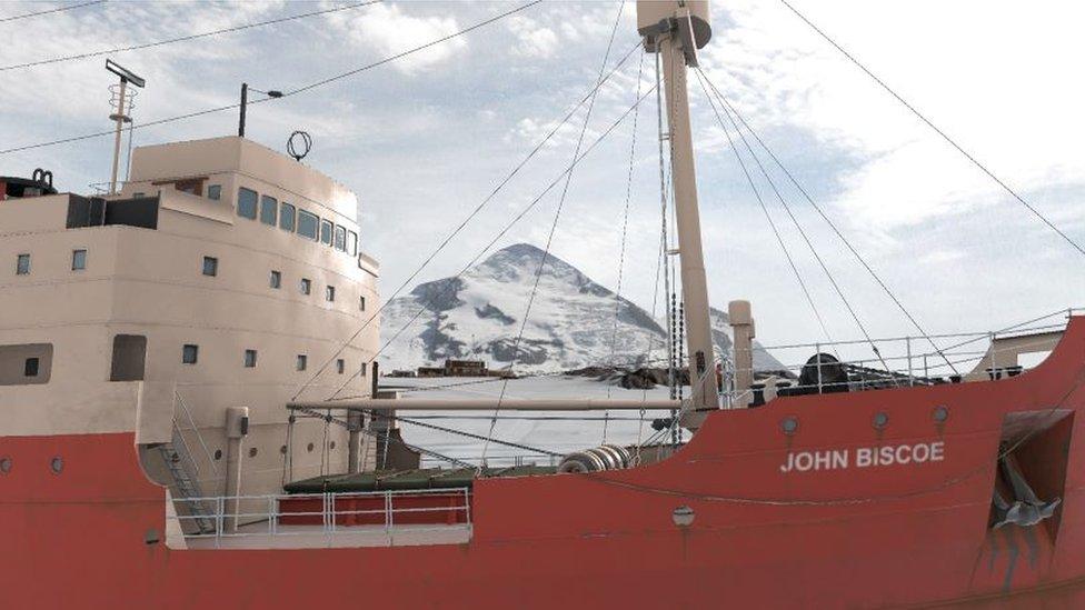 Ship in the foreground with snow in the background.