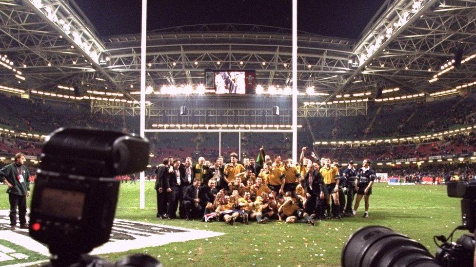 Australia celebrate winning the 1999 Rugby World Cup final in Cardiff