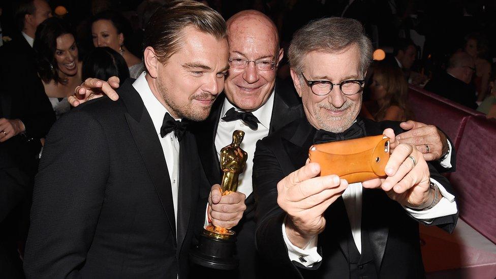 Actor Leonardo DiCaprio, winner of Best Actor for 'The Revenant', Producer Arnon Milchan and Director Steven Spielberg