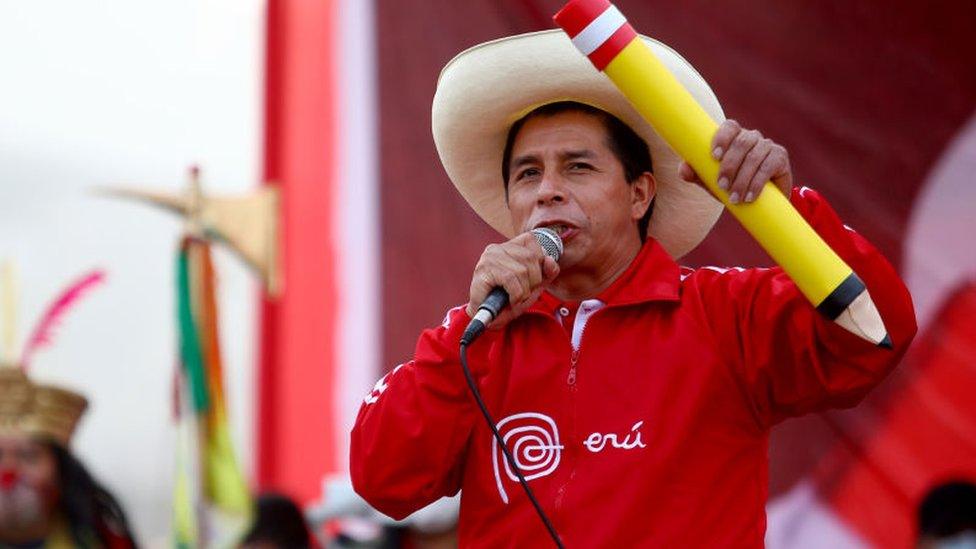 Pedro Castillo speaks during a campaign rally on 22 May