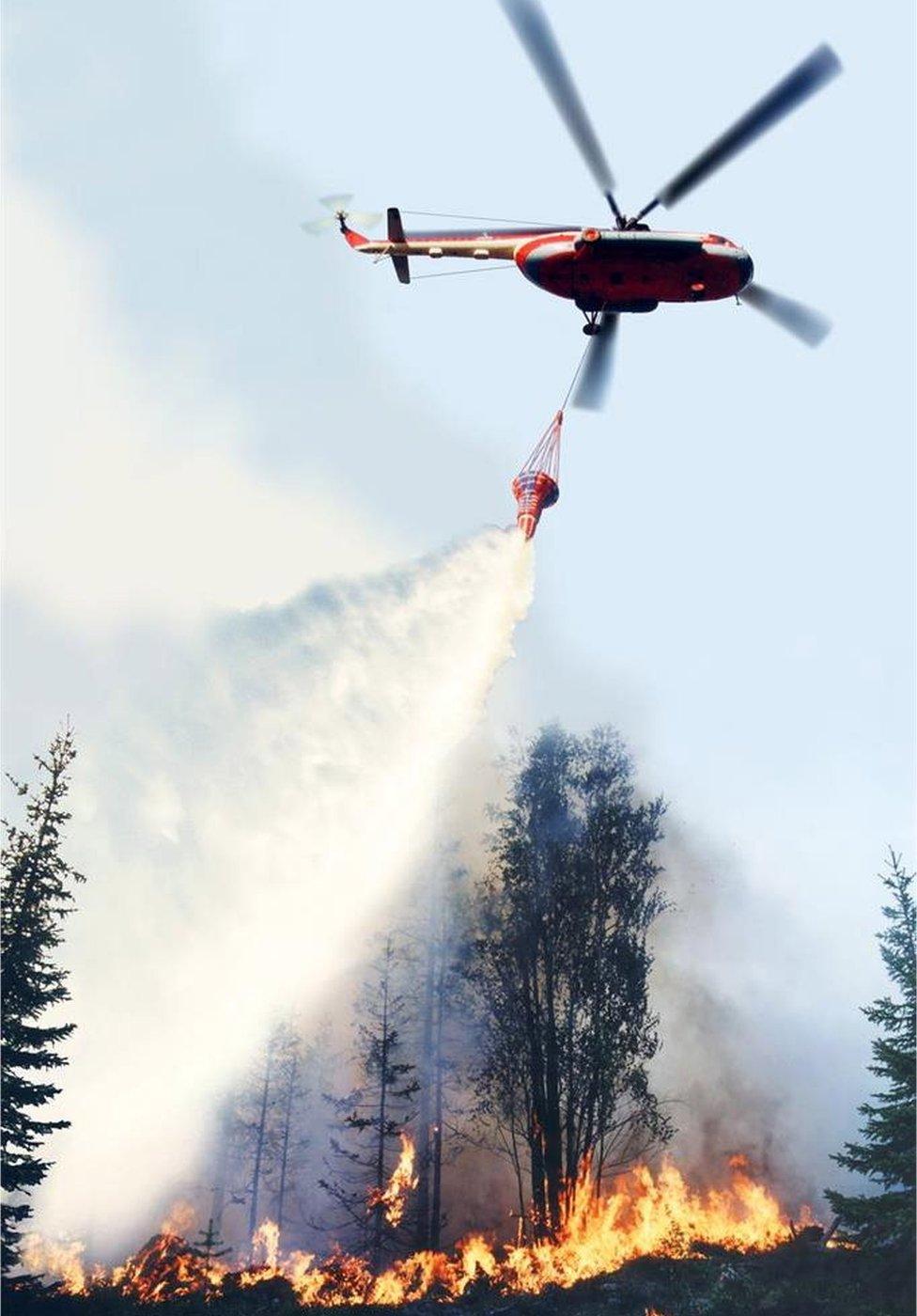 A helicopter dumps water to extinguish wildfires in Krasnoyarsk region, Russia. Photo: 1 August 2019