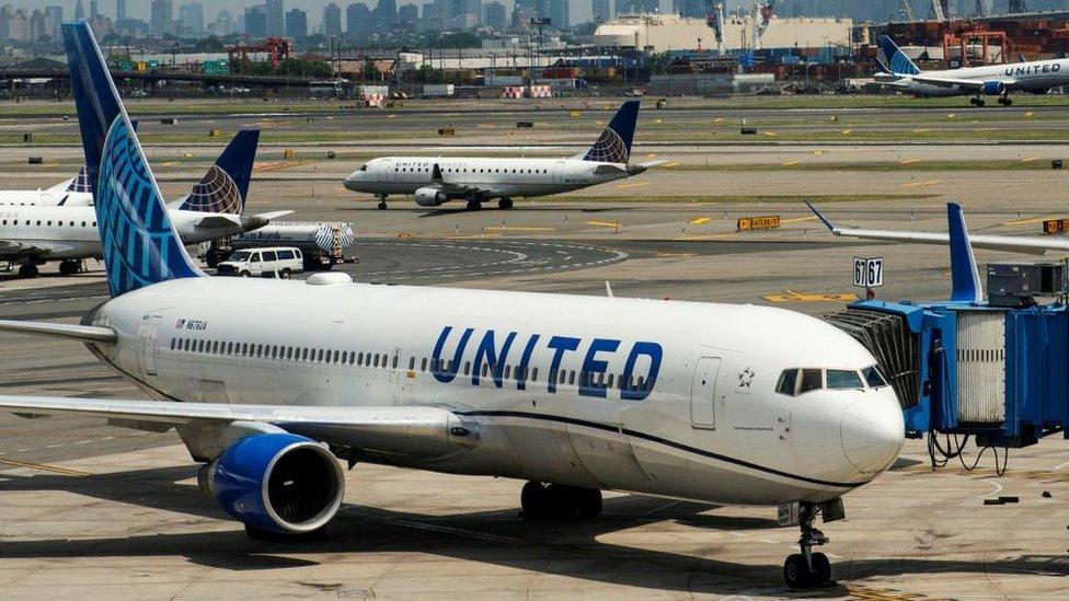 A United Airlines Boeing 767 at Newark airport