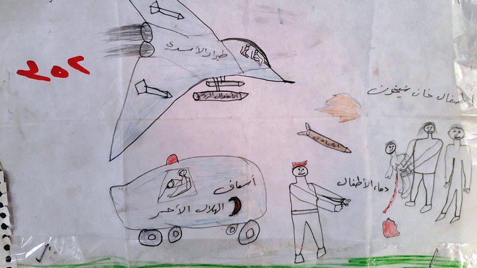 Drawing by Syrian child refugee showing an warplane, an ambulance, and missiles heading towards two people holding an injured child