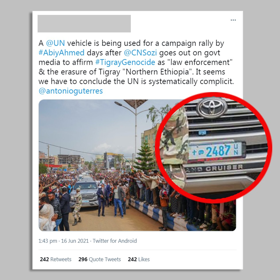 Screengrab of Tweet claiming Abiy drove a UN vehicle