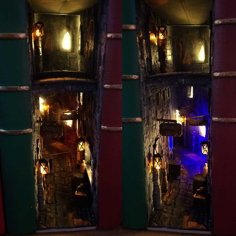 Rodney's "book nook" is a fantasy alleyway, complete with a tavern and potion shop