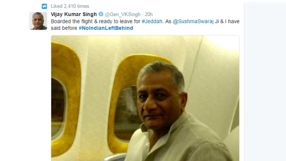 Foreign office minister VK Singh documenting his trip to Saudi Arabia on twitter