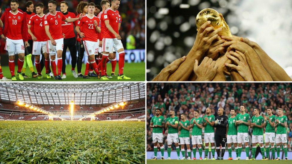 Composite image of Welsh and Irish national teams, World Cup trophy and stadium