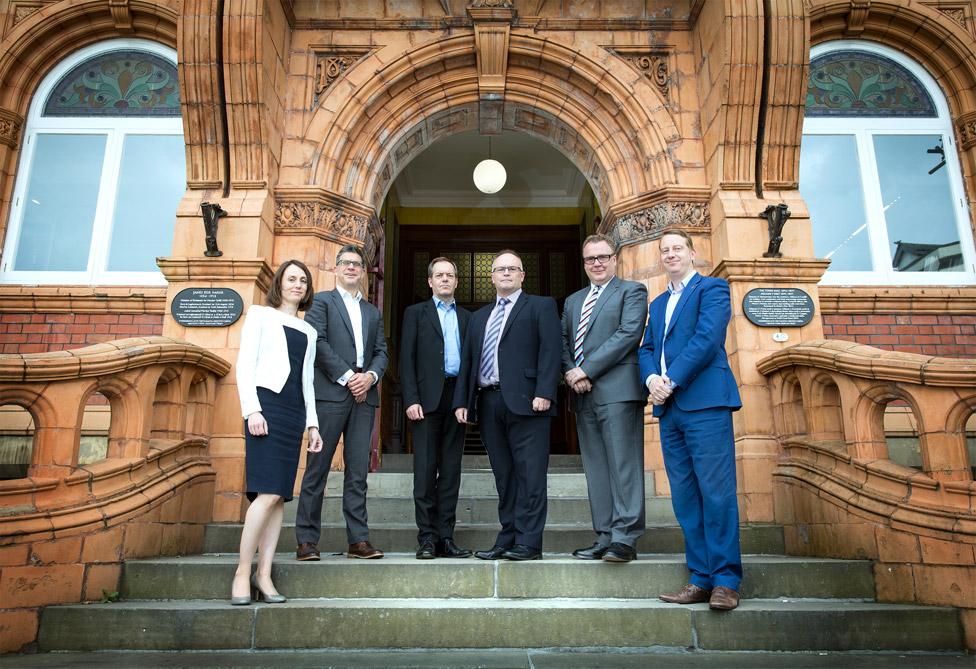 Prof Greg Clark (second right) and Cardiff council leader Phil Bale (right)