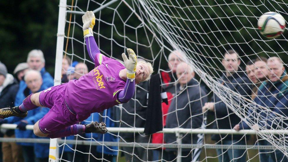 H&W Welders keeper Michael Doherty cannot prevent Andy Hall's free-kick putting Glenavon 1-0 up in the Irish Cup match at Tillysburn