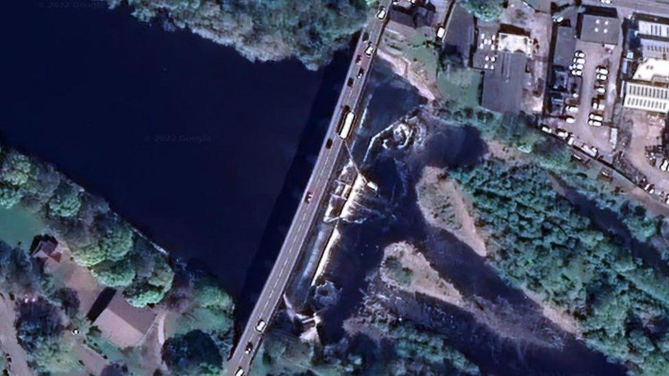 Aerial view of the bridge crossing the river at Hexham