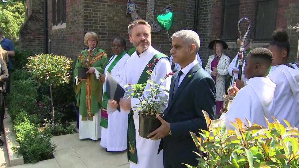 The Bishop of London Dame Sarah Mullally, London mayor Sadiq Khan and Graham Tomlinson, the Bishop of Kensington