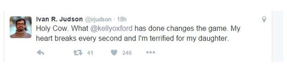 Tweet reads: Holy cow. What @kellyoxford has done changes the game. My heart breaks everys second and I'm terrified for my daughter.