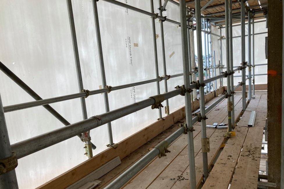 A general view of the plastic wrapping from the inside of St Francis Tower, Ipswich