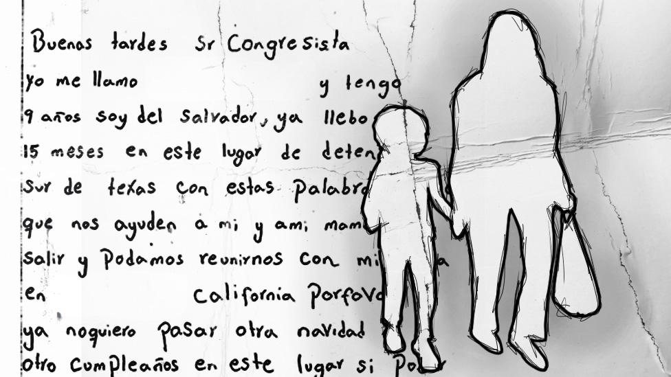 Una ilustración muestra una carta escrita por L junto a un dibujo de una mujer cogiendo de la mano a una niña.