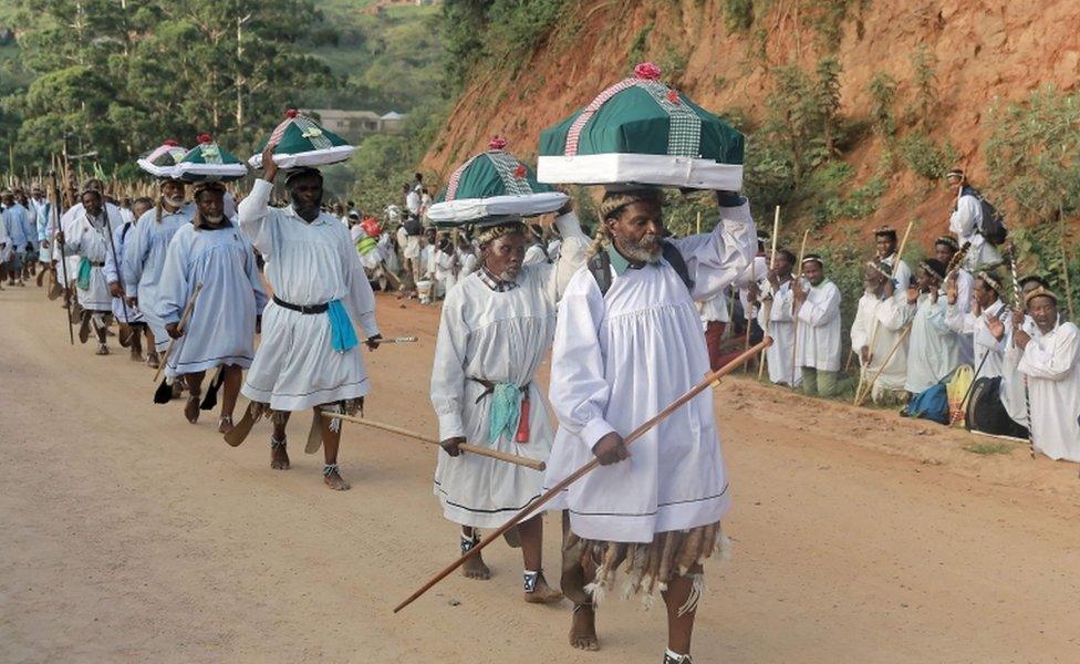 Close to 50,000 followers of the Nazareth Baptist Church, also known as the Shembe Church leave their church in Ebuhleni, 45kms, north of Durban, for a three-day walk to reach the Canaan Holy Mountain in Ndwedwe on January 3, 2016