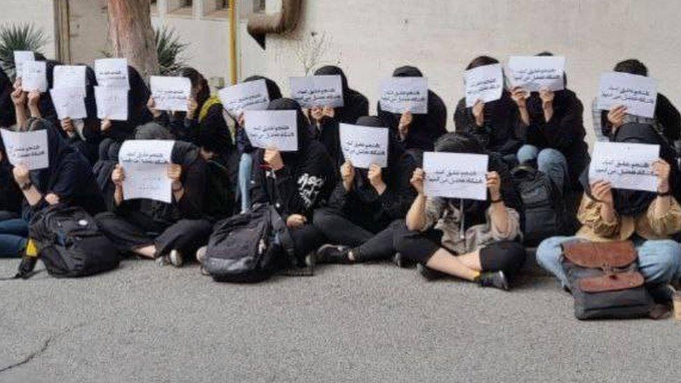 Photo posted by Iran's Human Rights Activists News Agency (HRANA) showing a sit-in strike by students at the women-only Al-Zahra University in Tehran