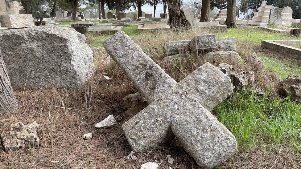 Desecrated graves at the Mount Zion cemetery in Jerusalem