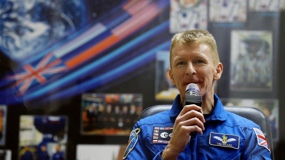 Tim Peake speaking at a news conference in Kazakhstan