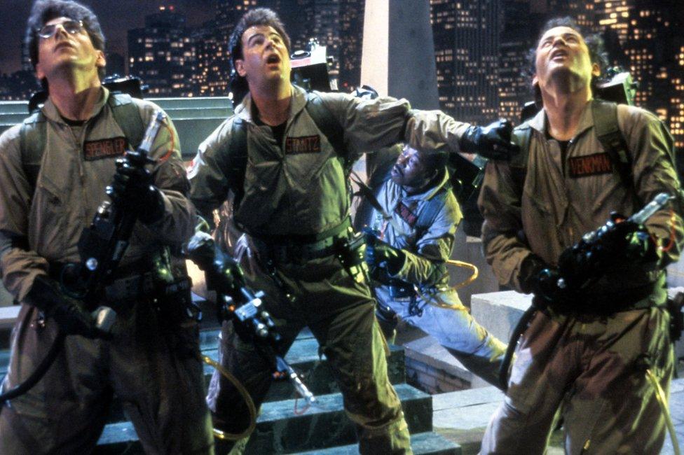 Harold Ramis, Dan Aykroyd, Ernie Hudson (background) and Bill Murray in a scene from the film 'Ghostbusters'