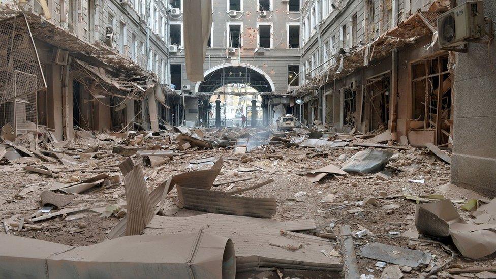 Debris and rubble in a building entrance after the shelling by Russian forces of Constitution Square in Kharkiv