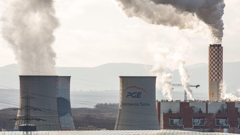 A view of cooling tower and a six-channel chimney of the Turow Power Plant in Poland