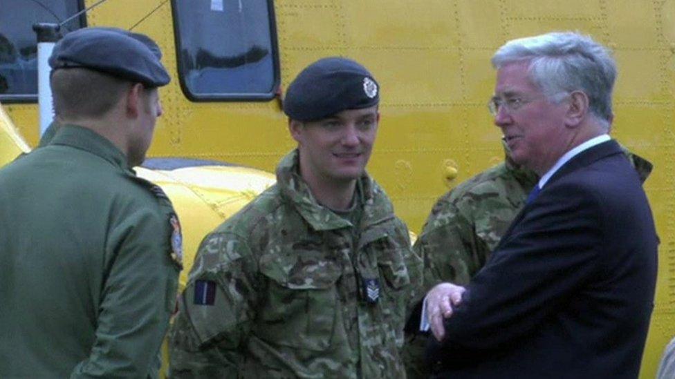 Michael Fallon speaking with armed forces on the Falklands Islands