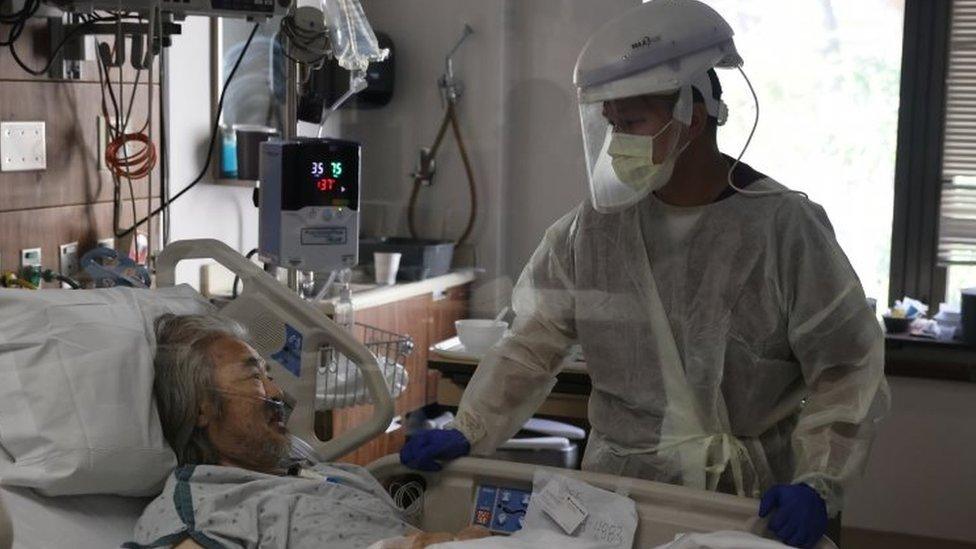 A nurse and patient in Burbank, California.