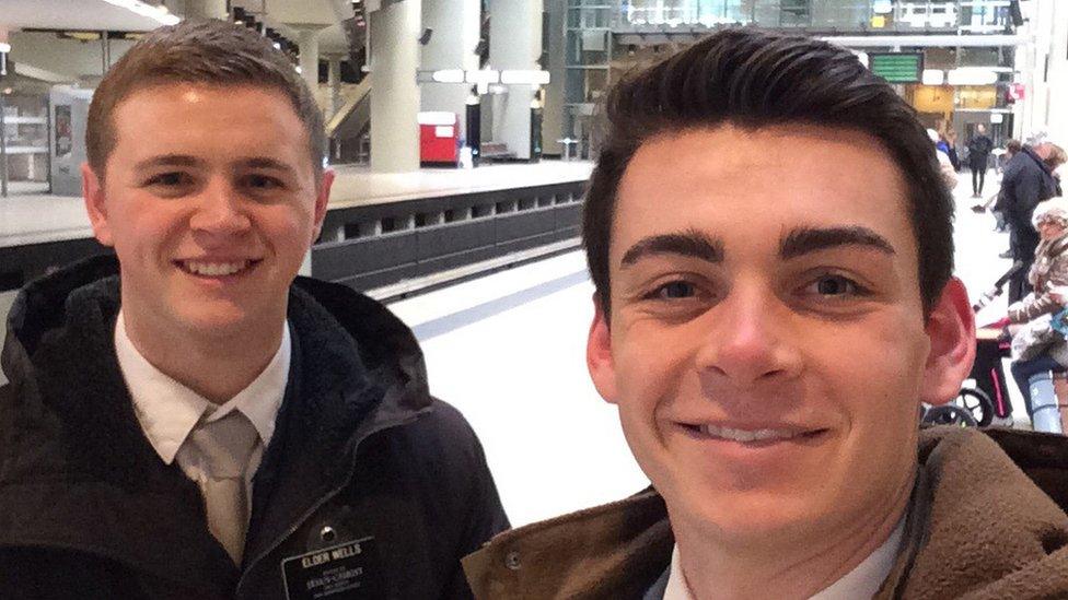 This undated photo provided by Chad Wells shows Mormon missionaries Mason Wells, 19, of Sandy, Utah, left, and Joseph Empey, 20, of Santa Clara, Utah.