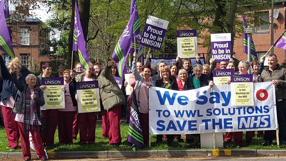 UNISON members holding a lobby outside the Trust board meeting at the Royal Albert Edward Infirmary site in Wigan on 25 April