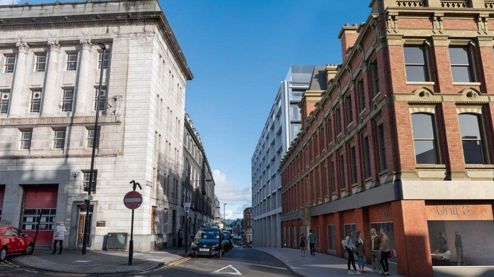 Artist's impression of the redeveloped Worswick Chambers (right), which is adjacent to the city centre's old fire station