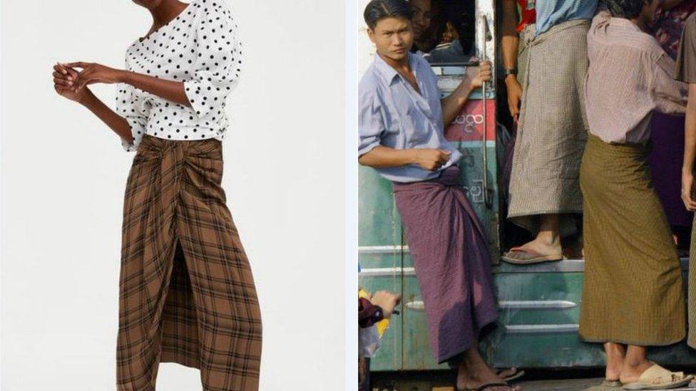 Model wearing Zara lungi and Burmese men wearing lungis