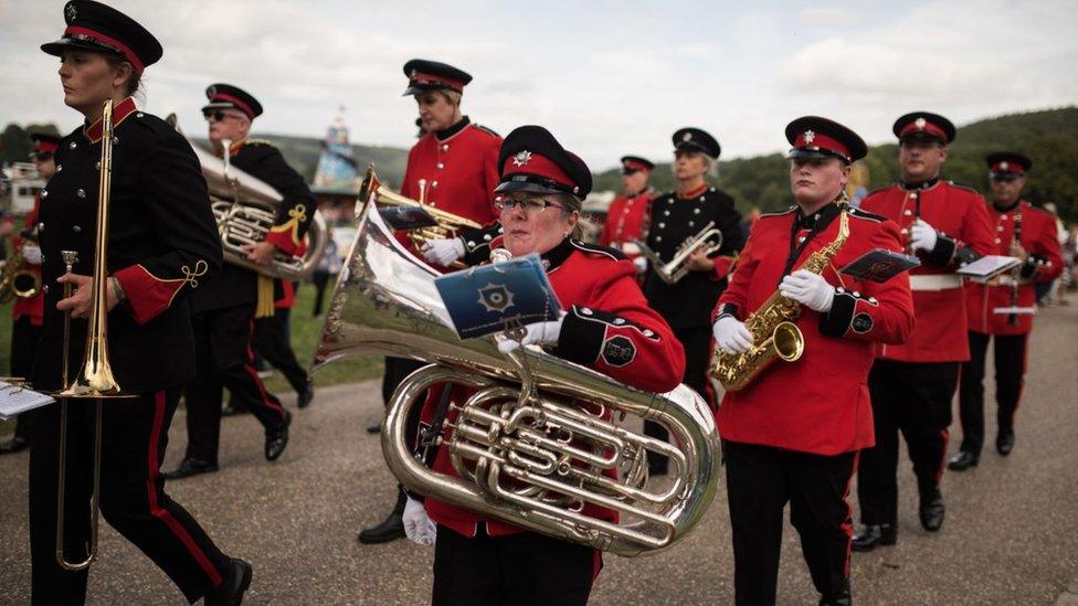 Members of the Massed Band of the Fire and Rescue Service perform on the first day of the Chatsworth Country Fair