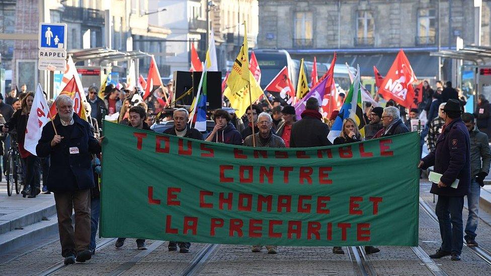 Protesters in Bordeaux campaigning against unemployment; 8 Dec 2016