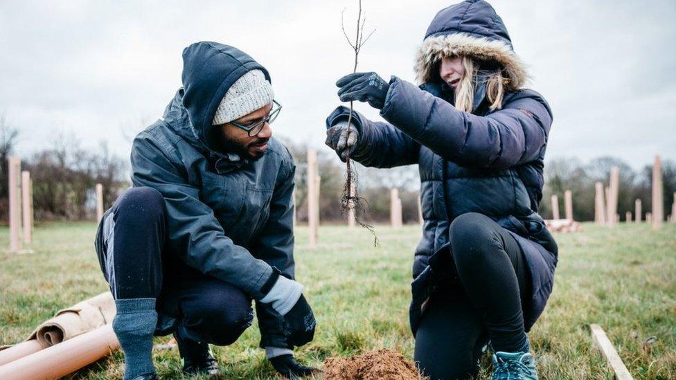 A man and a woman with trees