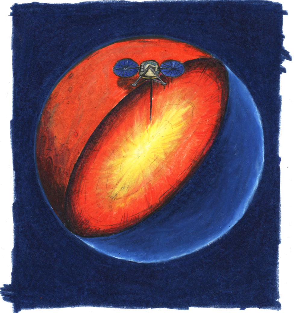 Illustration showing a heat probe burrowing beneath the surface of Mars, with heat radiating out from the interior of the planet in red and yellow