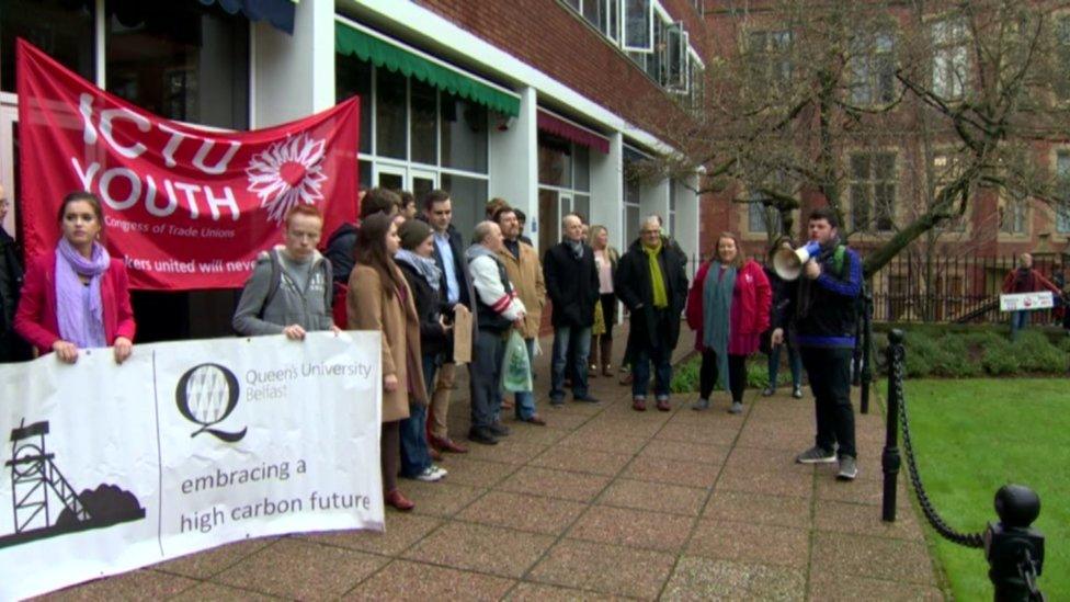 About 50 people attended a demonstration outside the QUB building on Monday in support of the students holding a sit-in