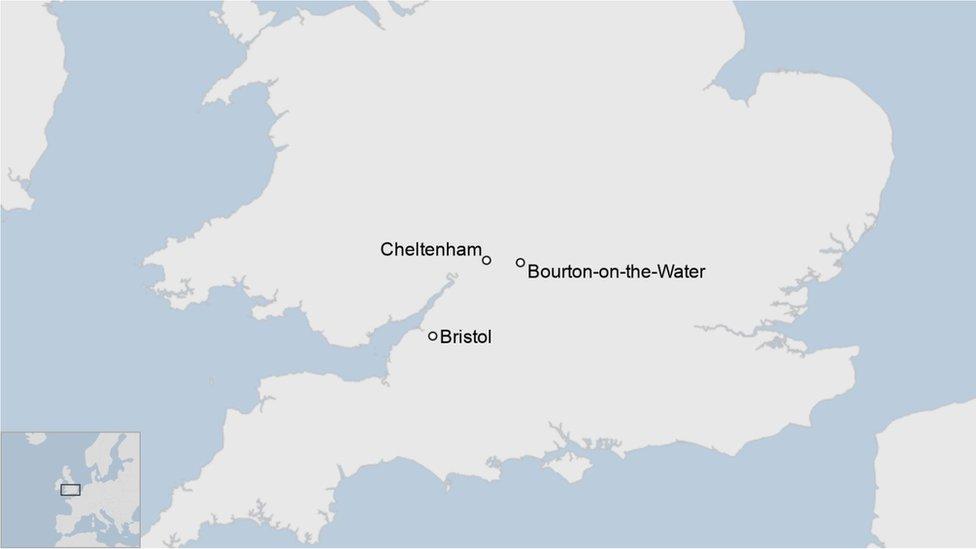 Map showing Cheltenham, Bourton-on-the-water and Bristol