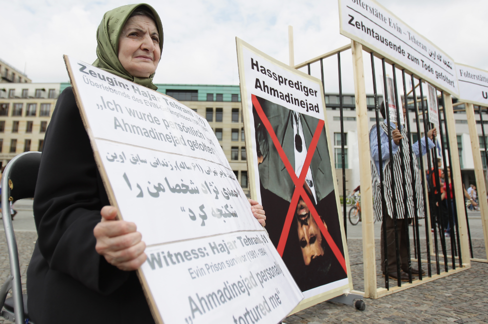 This picture shows Hajar Tehrani, a survivor of Iran's Evin prison, protesting against stoning in Berlin, Germany