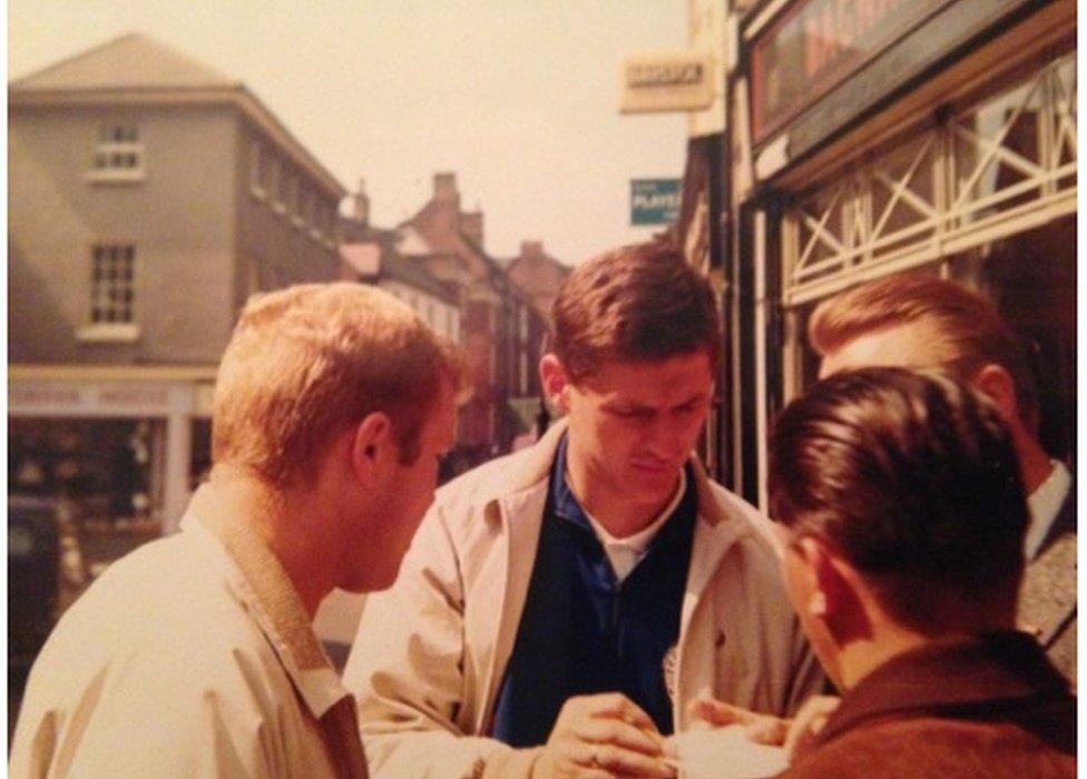 Helmut Haller (left) and Max Lorenz (middle) sign autographs in Ashbourne