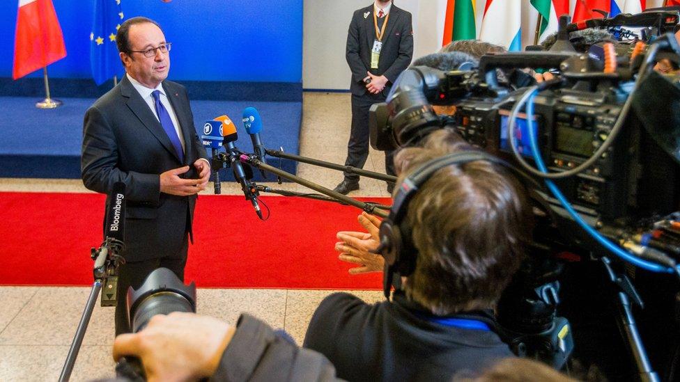 French President Francois Hollande gives a statement at the end of the second day of the European spring summit in Brussels, 10 March 2017