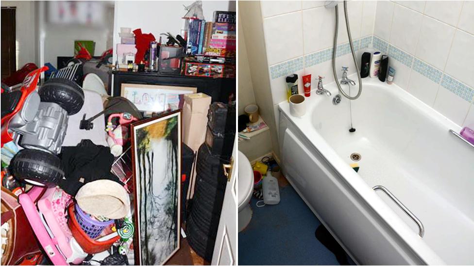 Composite image of Hoare's cluttered home and clean bathroom