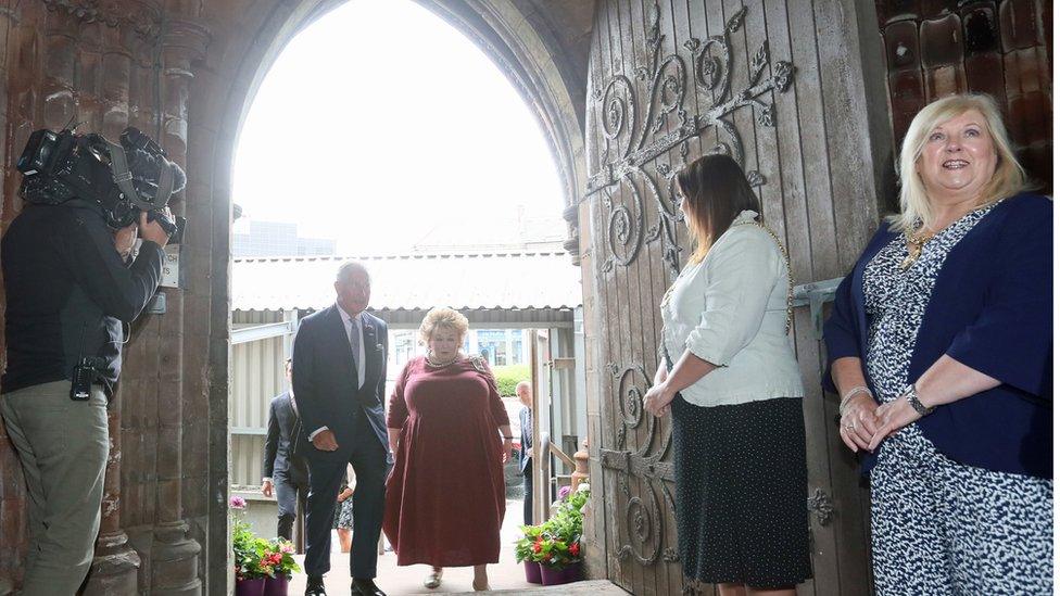 The Prince of Wales and Fionnuala Jay-O"Boyle, founder of the Belfast Buildings Trust, arrive at Carlisle Memorial Church in Belfast