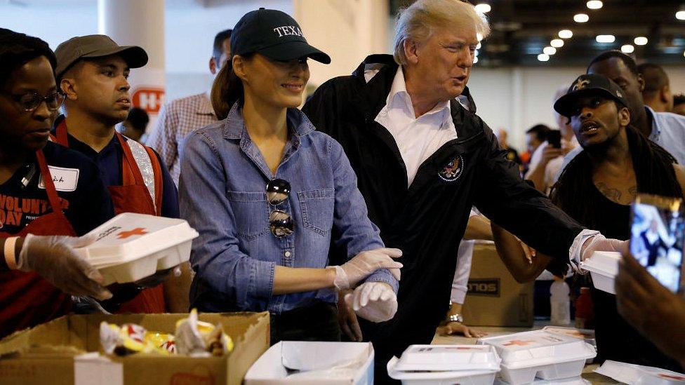 President Trump and First Lady Melania Trump help volunteers hand out meals at a relief centre in Houston, Texas, September 2, 2017