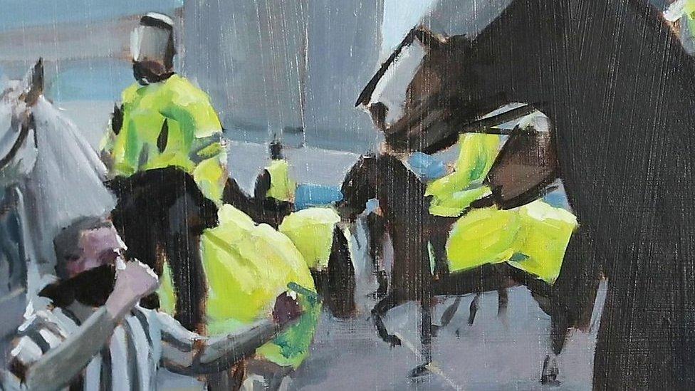 An artist has painted the moment a Newcastle United fan punched a police horse.